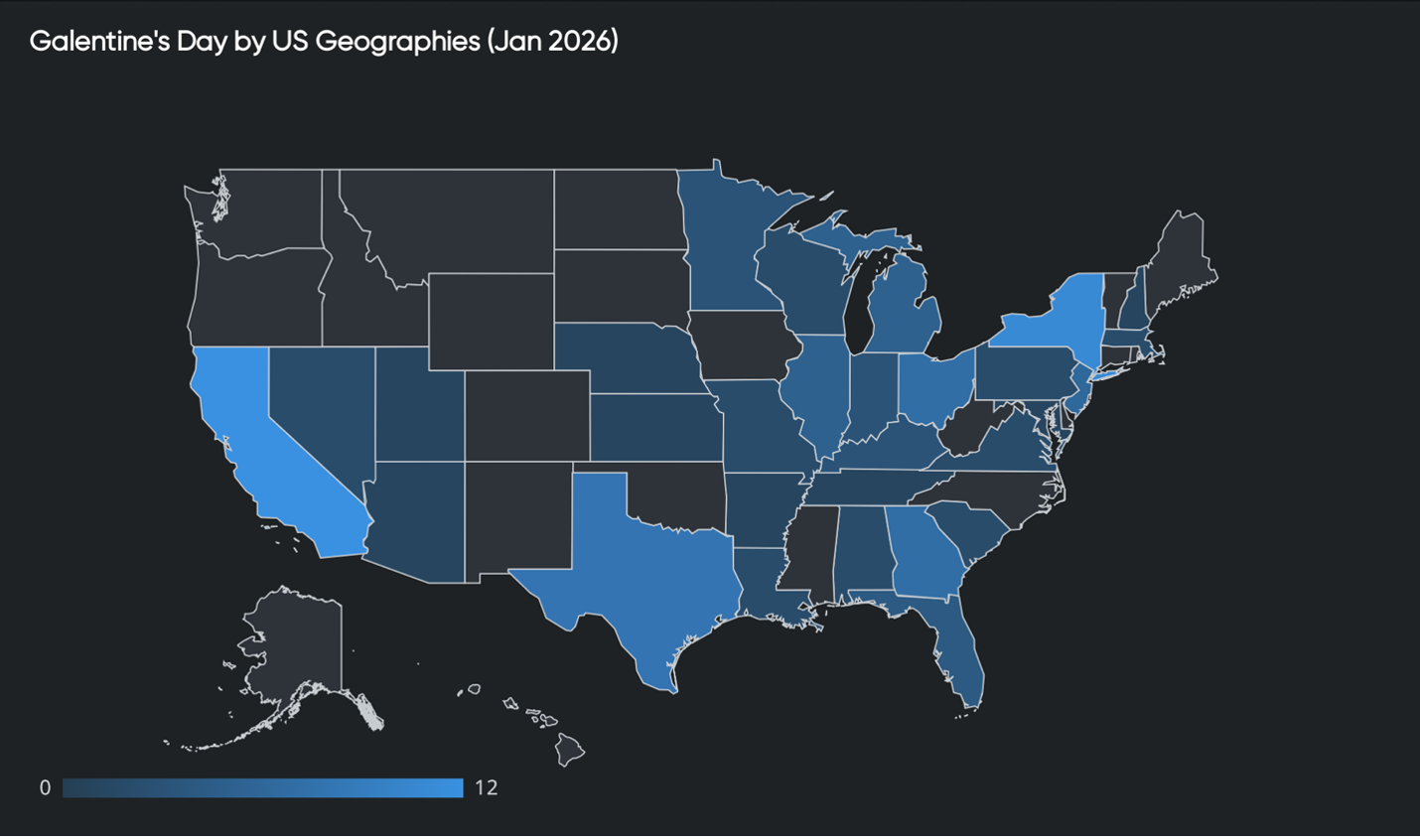 US map showing Galentine’s Day activity by state, highlighting regional interest levels for trend analysis and market intelligence.