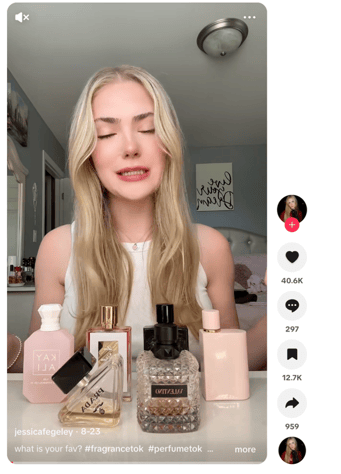 Influencer fragrance review showcasing consumer sentiment trends and insights through social media sentiment analysis.