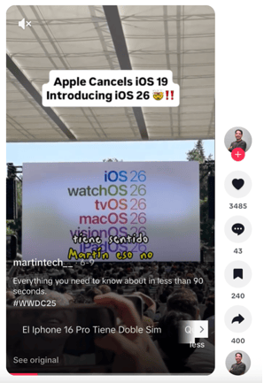 Social video screenshot showing WWDC slide listing iOS 26 and other Apple OS updates, reflecting tech trend analysis.