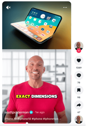 Split-screen social video showing a foldable iPhone concept above a creator discussing exact dimensions, reflecting tech trend analysis.