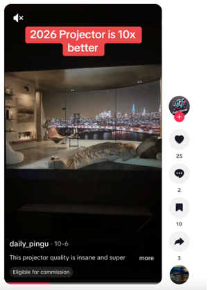 Social video showing a luxury living room with a wall-sized cityscape projection, highlighting next-gen projector performance trends.