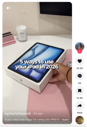 Social video showing an iPad unboxing with on-screen text “5 ways to use your iPad in 2026,” highlighting consumer tech trends and usage ideas.