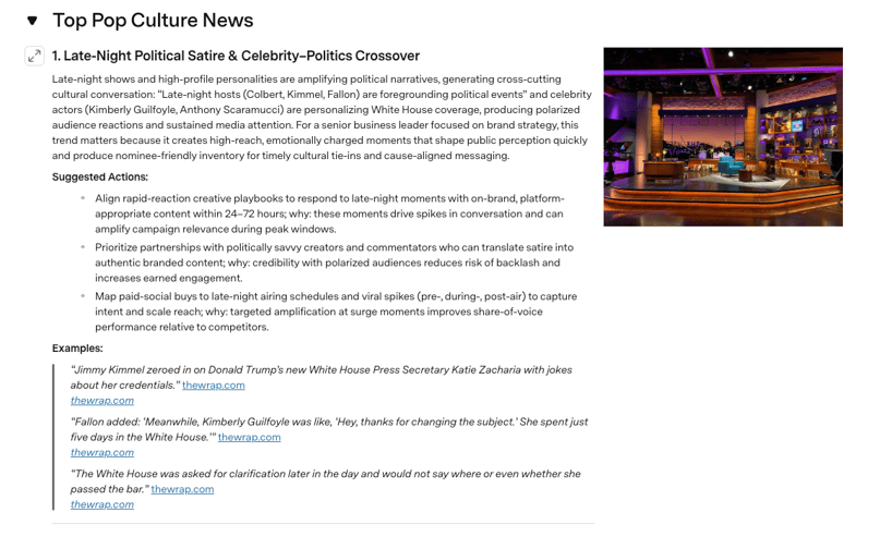 Quid brand monitoring entry on late-night political satire, with 24-72 hour rapid-reaction actions and sourced quotes