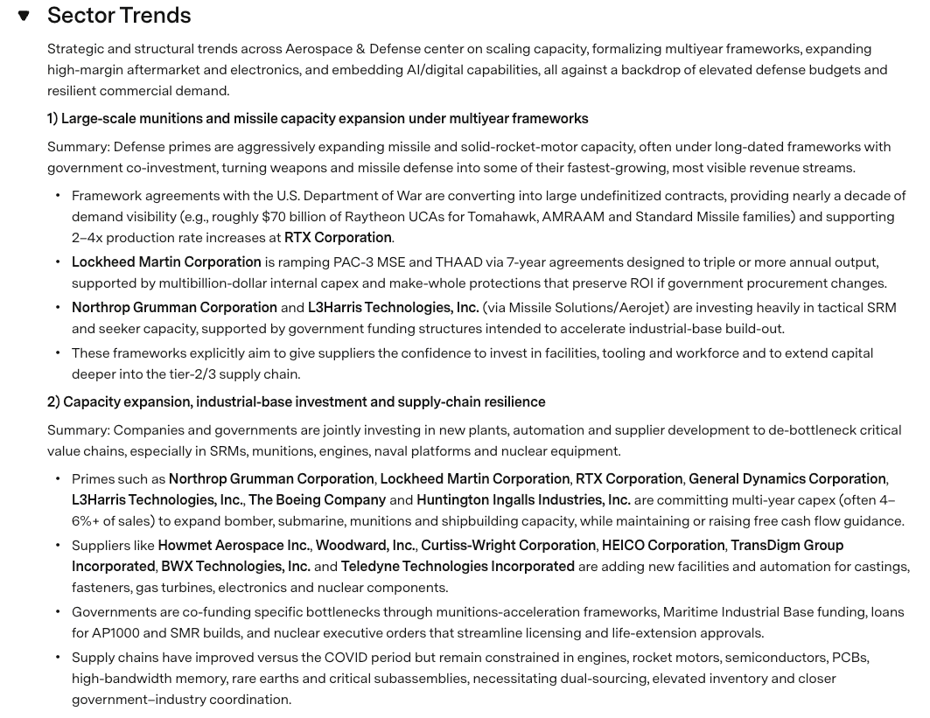 Sector Trends section of an Aerospace and Defense earnings call brief: munitions capacity expansion and supply-chain investment by named companies