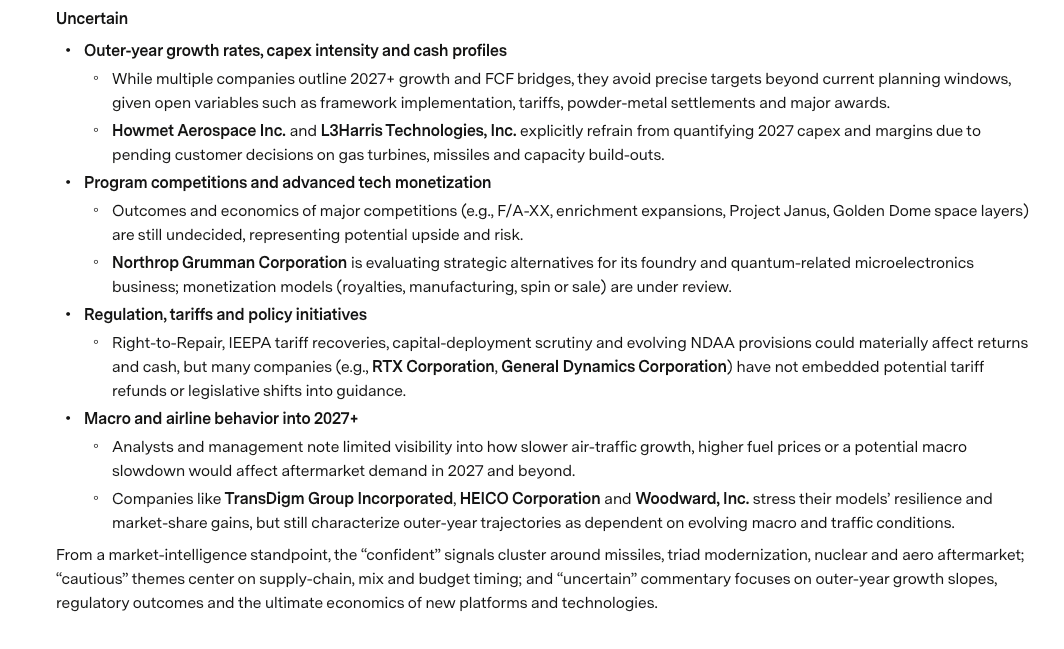 Uncertain tier of forward-looking commentary in an Aerospace and Defense earnings call brief: outer-year growth, program competitions, tariffs and airline demand