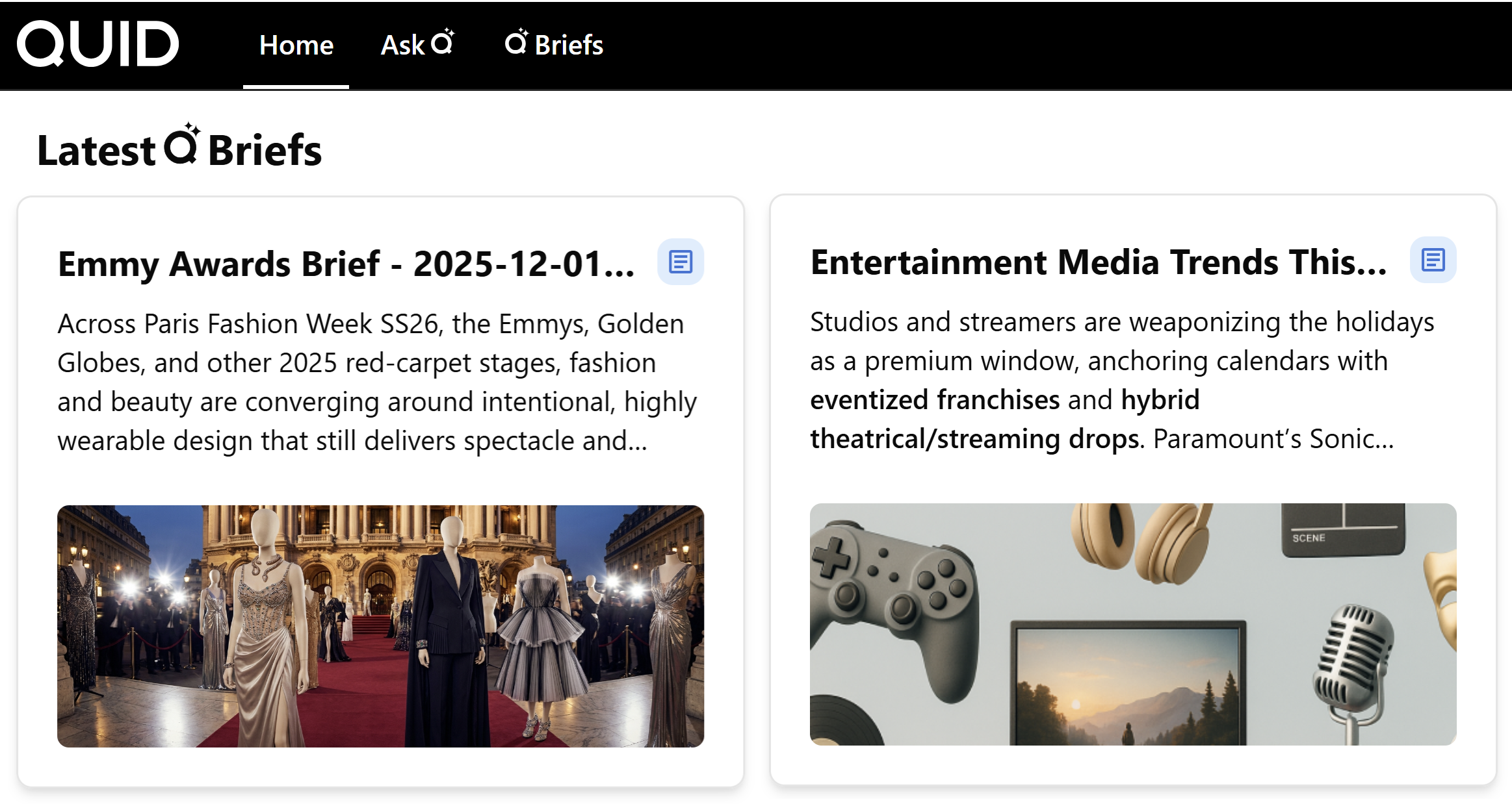 Q Briefs showing media and entertainment trend Insight Briefs generated in Terminal.