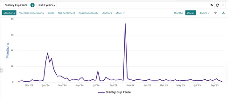 Trend analysis line chart tracking Stanley Cup Craze mentions over two years with market intelligence insights.