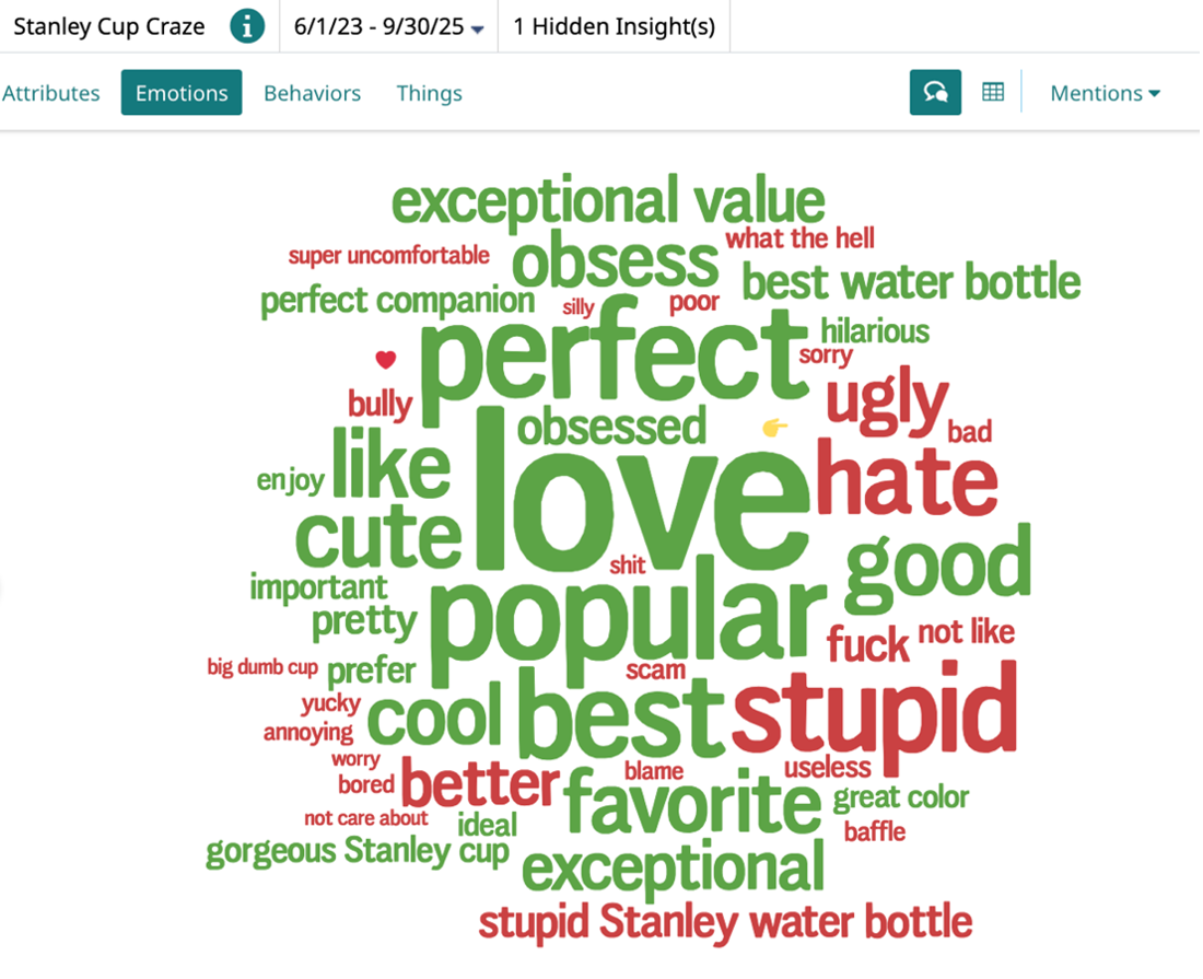 Consumer insights word cloud for Stanley Cup Craze showing sentiment analysis with emotions like love, perfect, stupid, and hate.