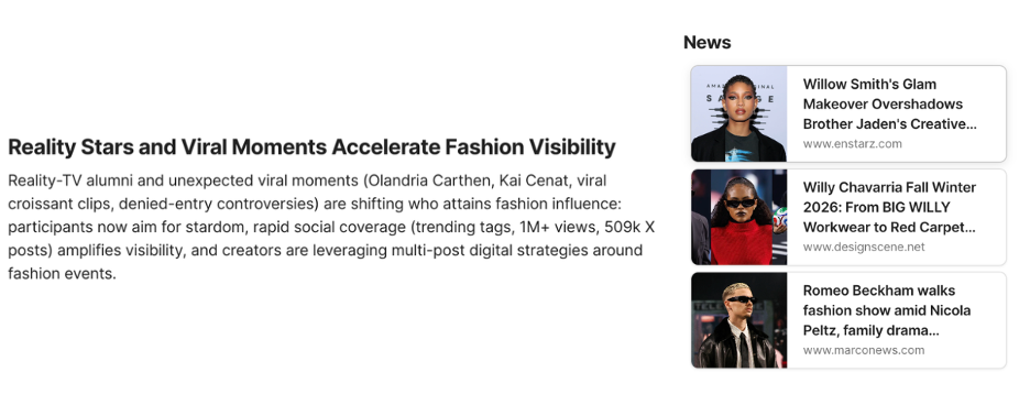 News panel highlighting viral fashion moments, linking celebrity headlines to trend analysis and brand monitoring insights.