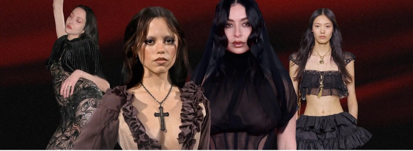 Collage of gothic fashion looks against a dark red background used to illustrate style shifts in trend analysis.