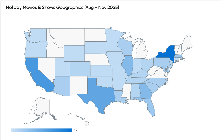 US heatmap of holiday movie conversations for consumer insights, trend analysis and market intelligence geolocation data