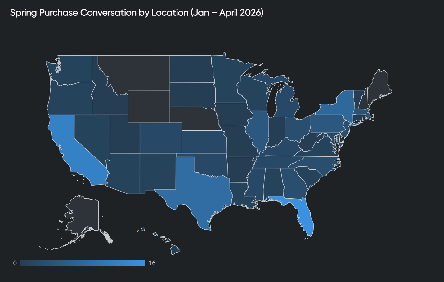Choropleth map of U.S. showing regional conversation volume for spring purchases, highlighting geographic consumer insights trends