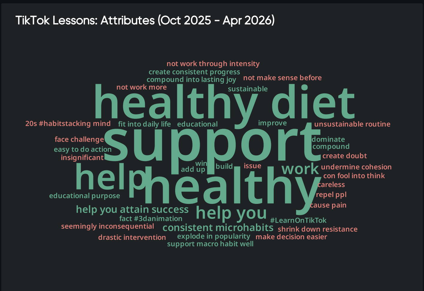 Word cloud of TikTok attributes highlighting “healthy diet,” “support,” and “healthy,” reflecting consumer insights on habits and wellness trends