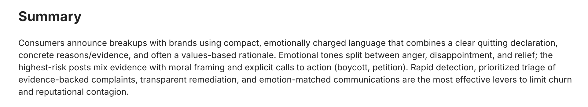 Summary of social listening findings on brand breakups, highlighting emotions and response strategies.
