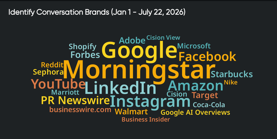 Customer intelligence word cloud highlighting the most frequently discussed brands and platforms.