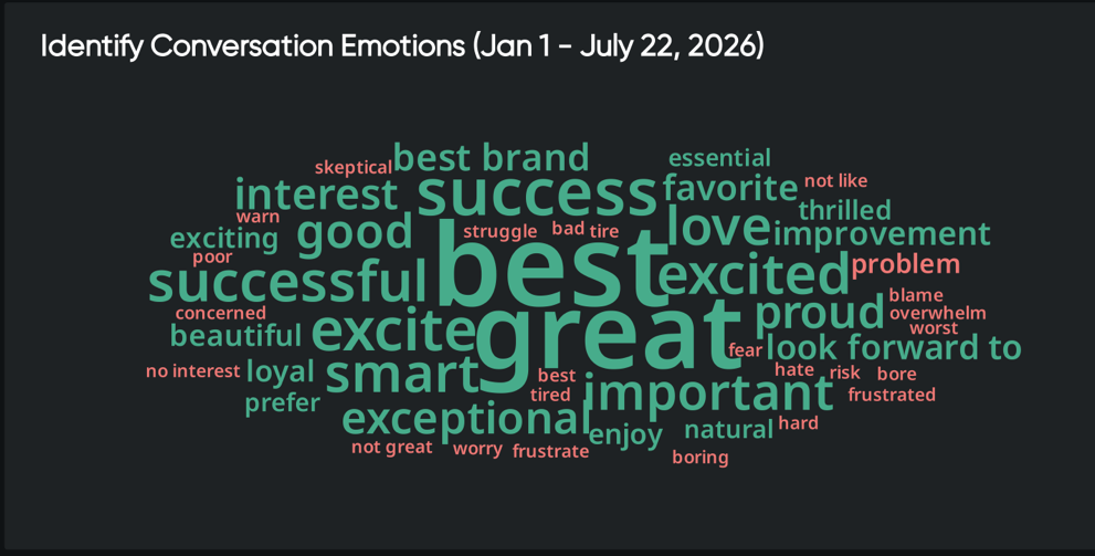 Consumer insights visualization showing positive audience emotions around brands, success, loyalty, and excitement.