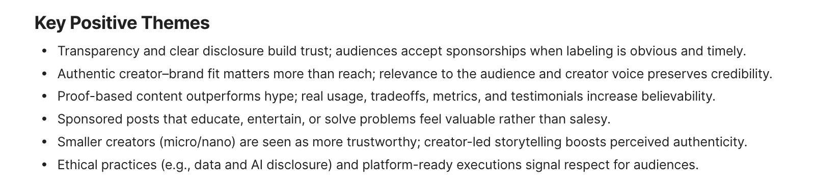 What builds consumer trust in sponsored content, according to social media monitoring data: transparent disclosures, authentic creator-brand fit, proof-based storytelling, and ethical platform practices.