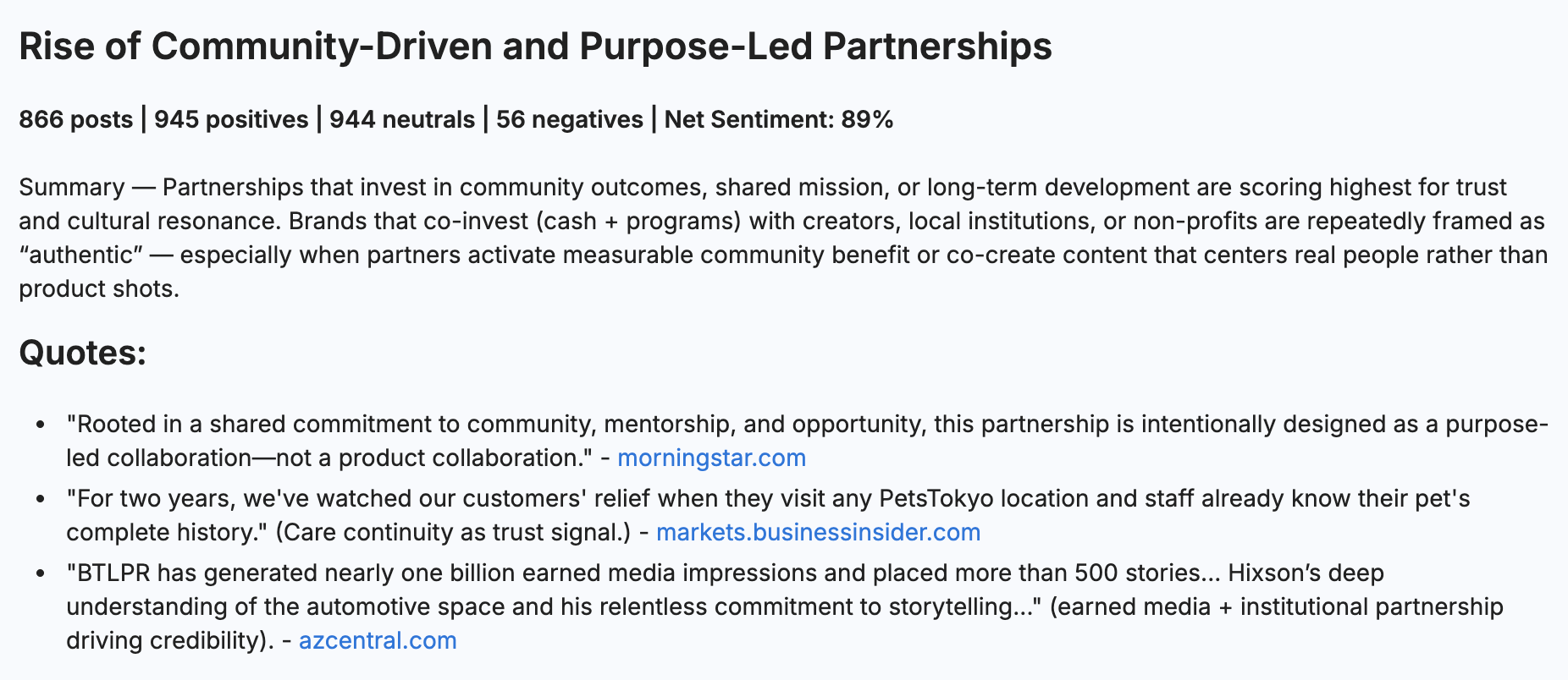 A Quid social media monitoring brief on the rise of community-driven and purpose-led partnerships, showing 89% net sentiment and how brands co-investing with local institutions and nonprofits earn the highest consumer trust scores.