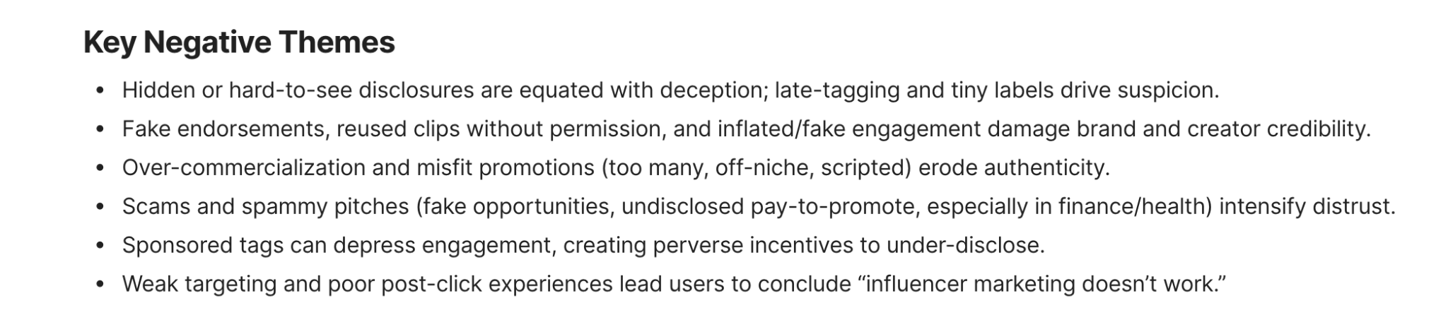 Social media monitoring data revealing key negative themes that erode consumer trust in sponsored content, including hidden disclosures, fake endorsements, over-commercialization, and undisclosed pay-to-promote schemes.