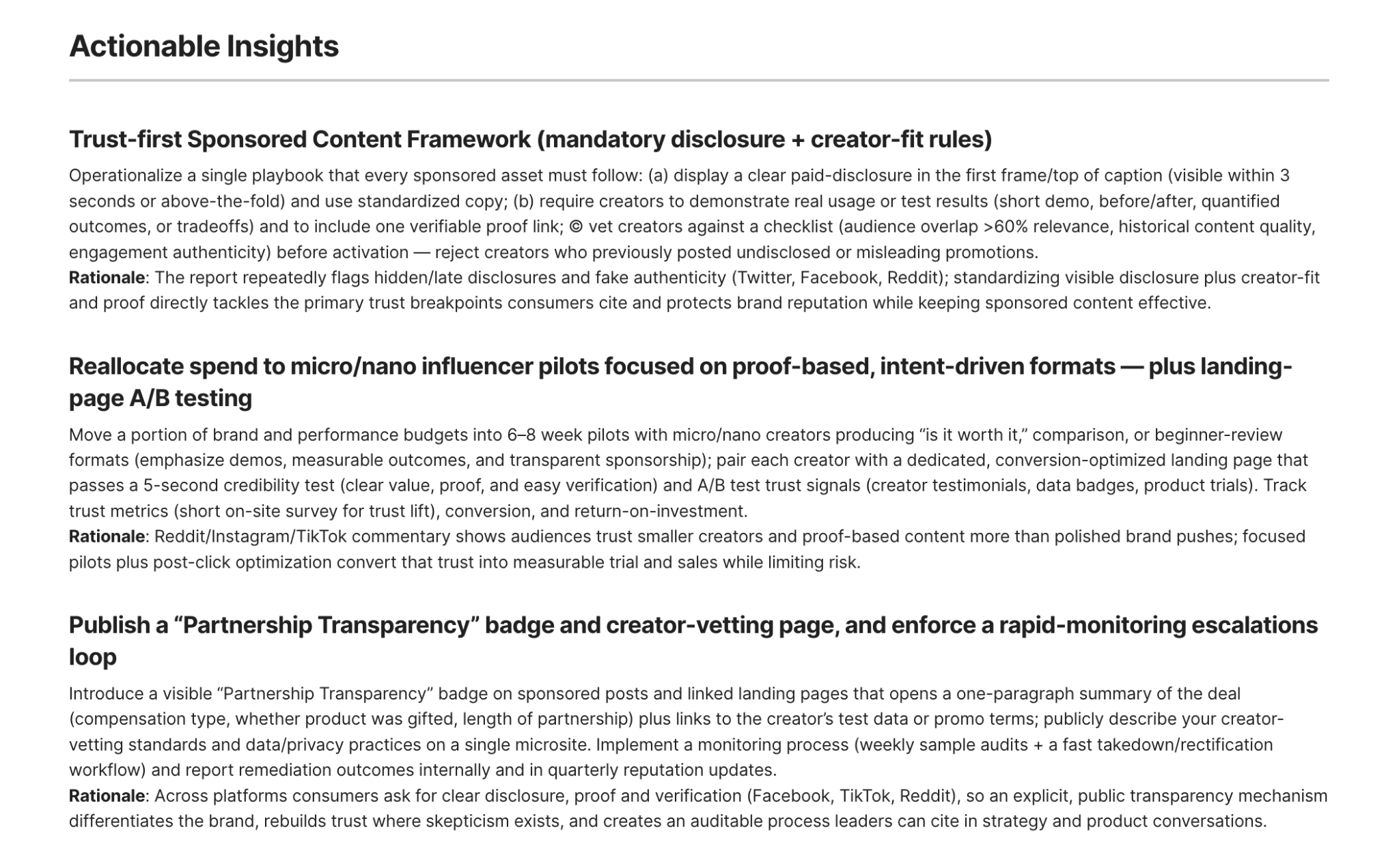 Actionable insights from a Quid social media monitoring brief, covering a trust-first sponsored content framework, micro and nano influencer spend reallocation, and a partnership transparency badge with rapid monitoring escalations.
