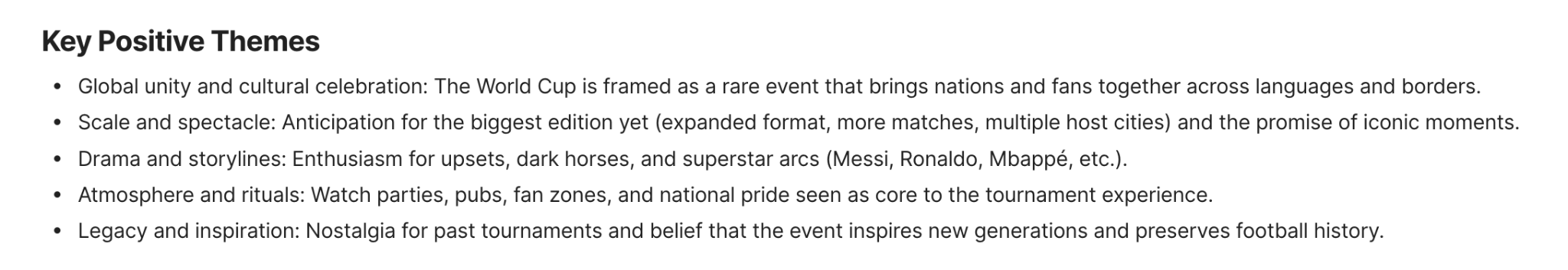 Key positive themes from Quid Terminal market intelligence on World Cup 2026 fan sentiment, covering global unity, tournament scale, player storylines, fan rituals, and legacy.