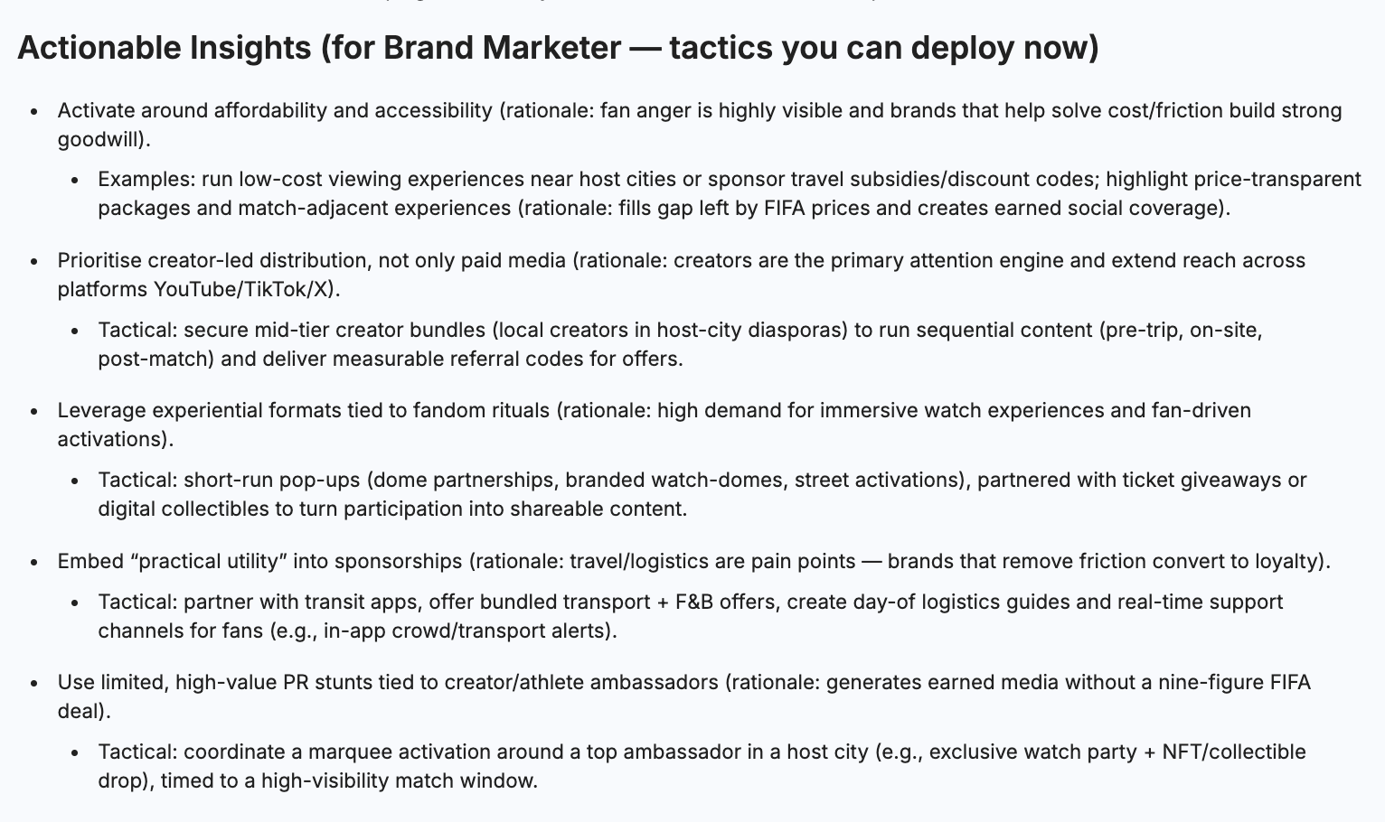 Quid Terminal market intelligence brief showing actionable World Cup 2026 tactics for brand marketers, covering affordability activations, creator-led distribution, experiential formats, and friction-reducing sponsorship strategies.
