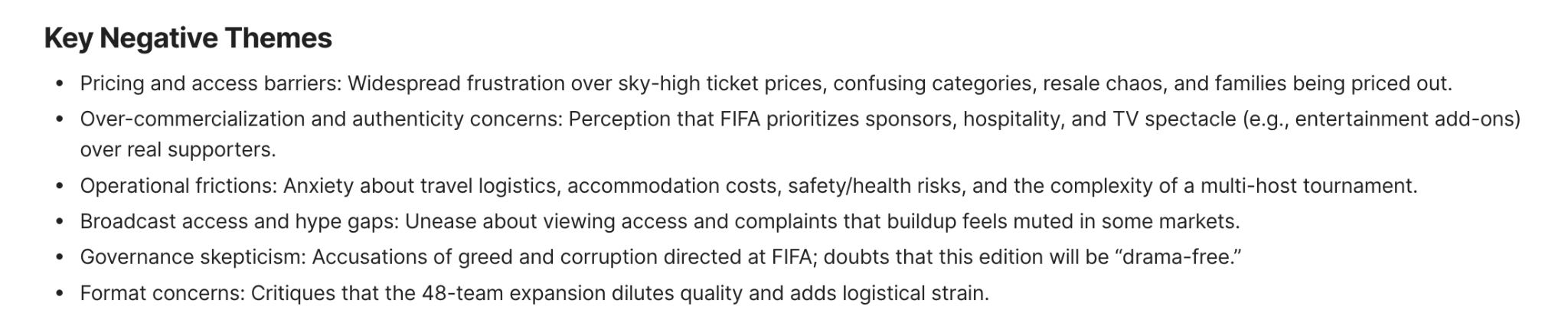 Key negative themes from Quid Terminal market intelligence on World Cup 2026 fan sentiment, covering ticket pricing frustrations, over-commercialization concerns, travel logistics anxiety, and FIFA governance skepticism.