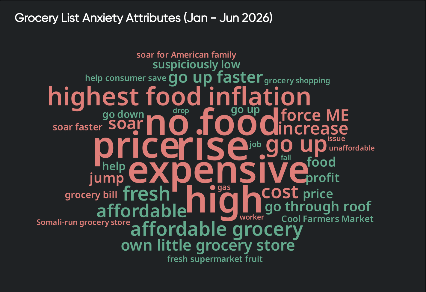 Word cloud highlighting grocery price concerns and food inflation, revealing consumer insights into affordability and rising costs. 