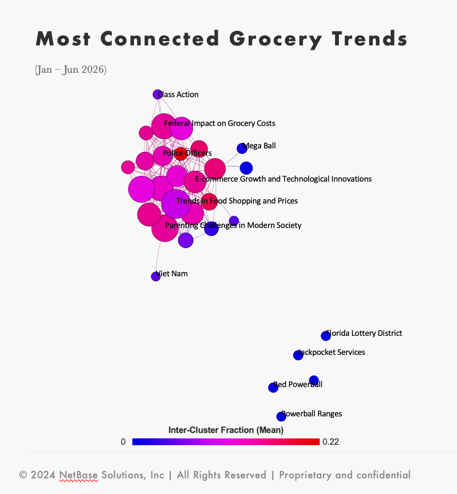 Network graph of connected grocery trends, revealing consumer behavior around food prices, inflation, and shopping discussions. 