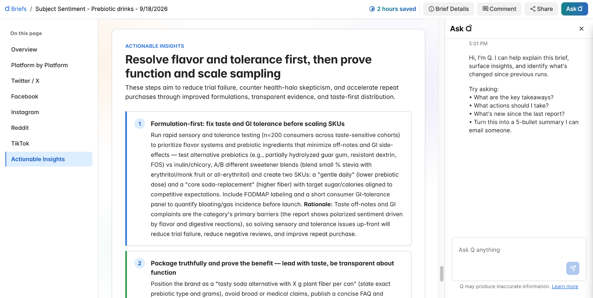 Actionable Insights tab of a consumer insights brief: fix flavor and GI tolerance before scaling prebiotic SKUs