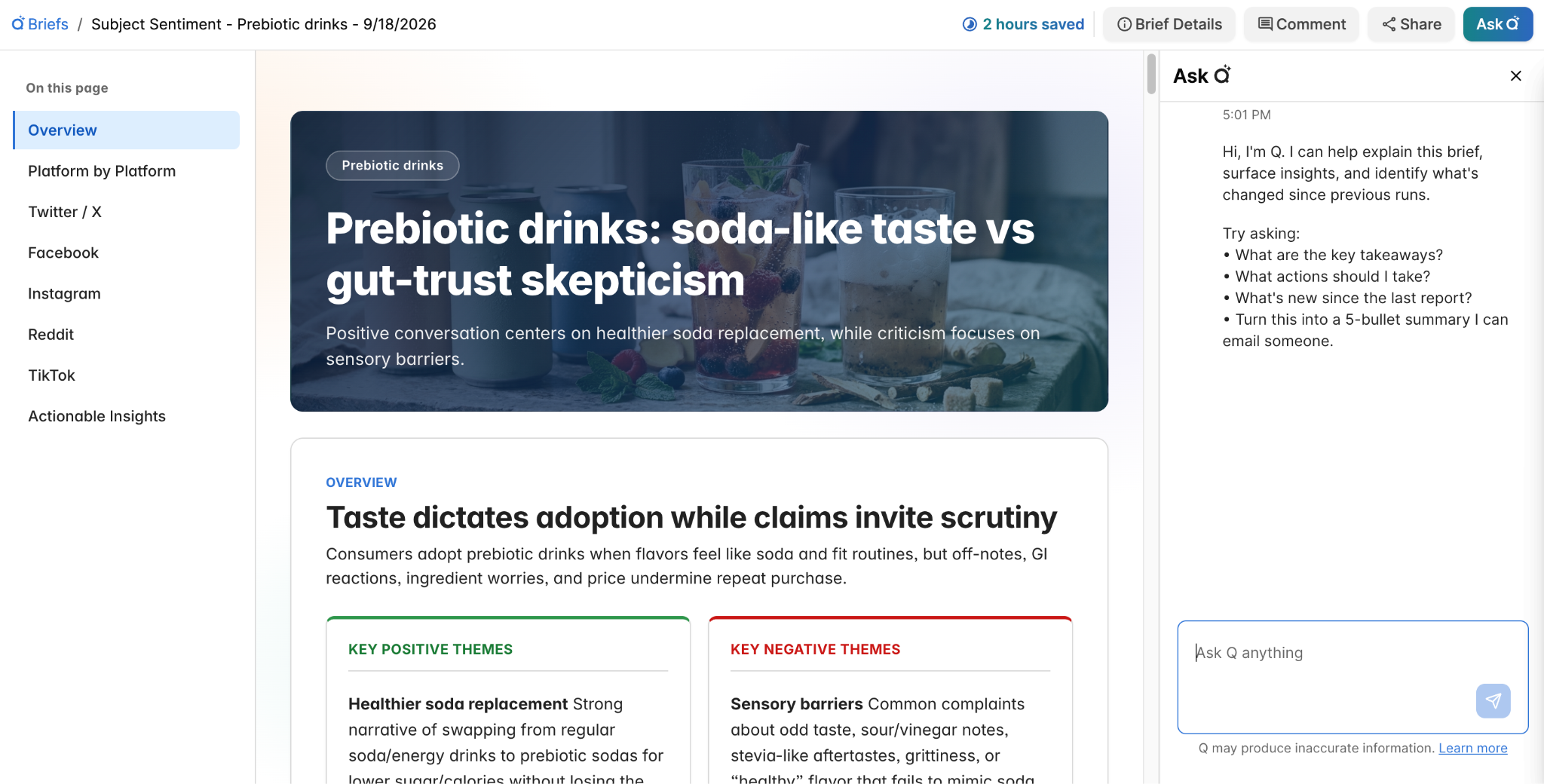Quid social media analytics brief on prebiotic drinks: soda-like taste drives adoption, gut-trust doubts curb it