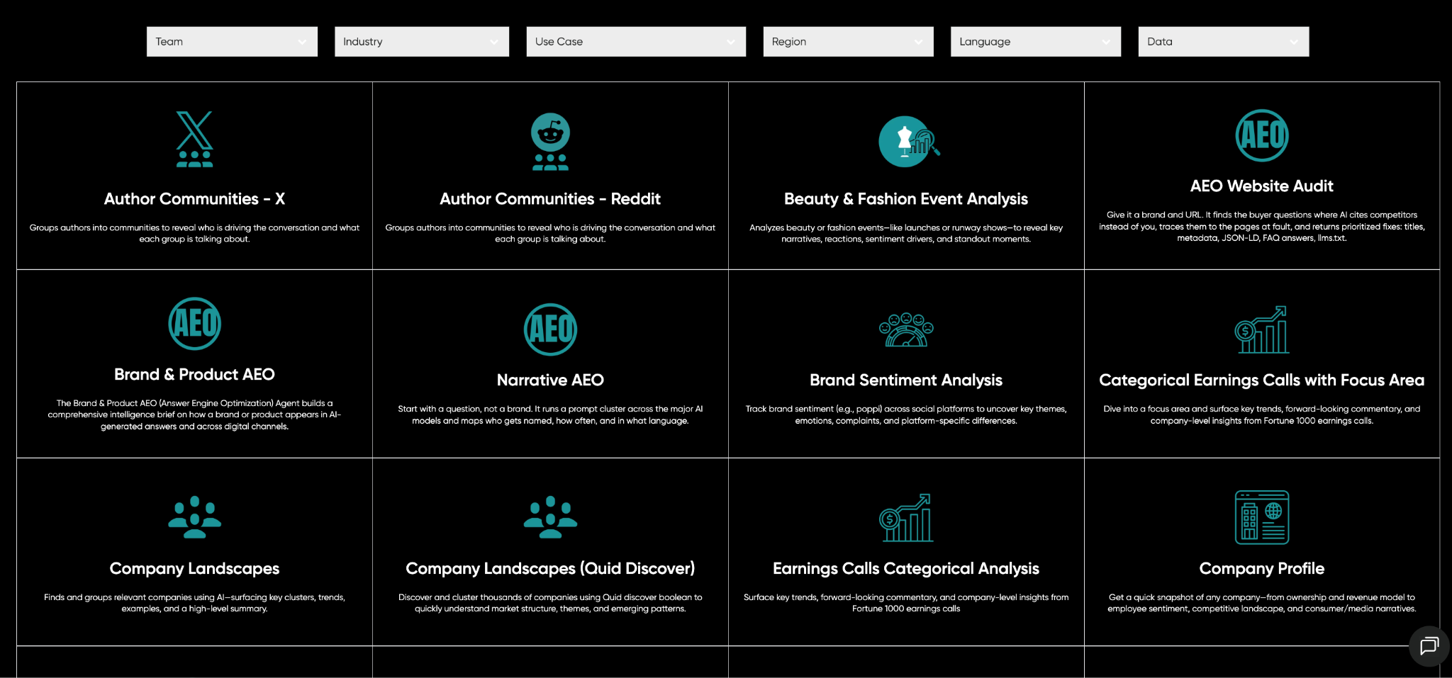 Quid market intelligence platform agent library with AEO, brand sentiment, and company landscape agents